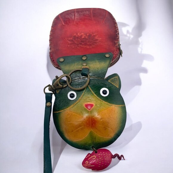 Vintage Leather Cat Coin Purse Wristlet • Hand-Painted • Whimsical Kitty Bag - Picture 4 of 9